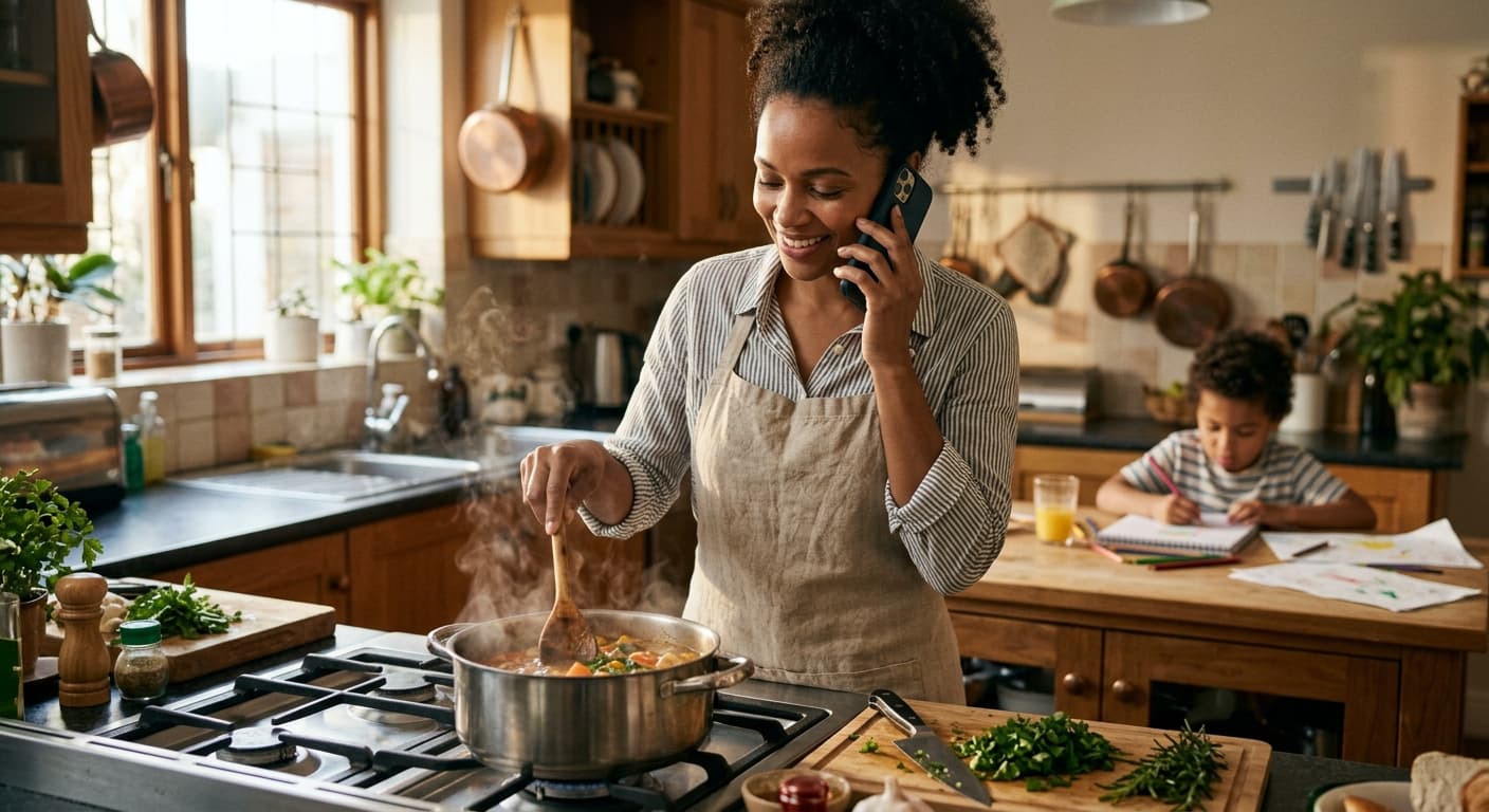 A parent on a call while cooking — Bam handling the planning in the background